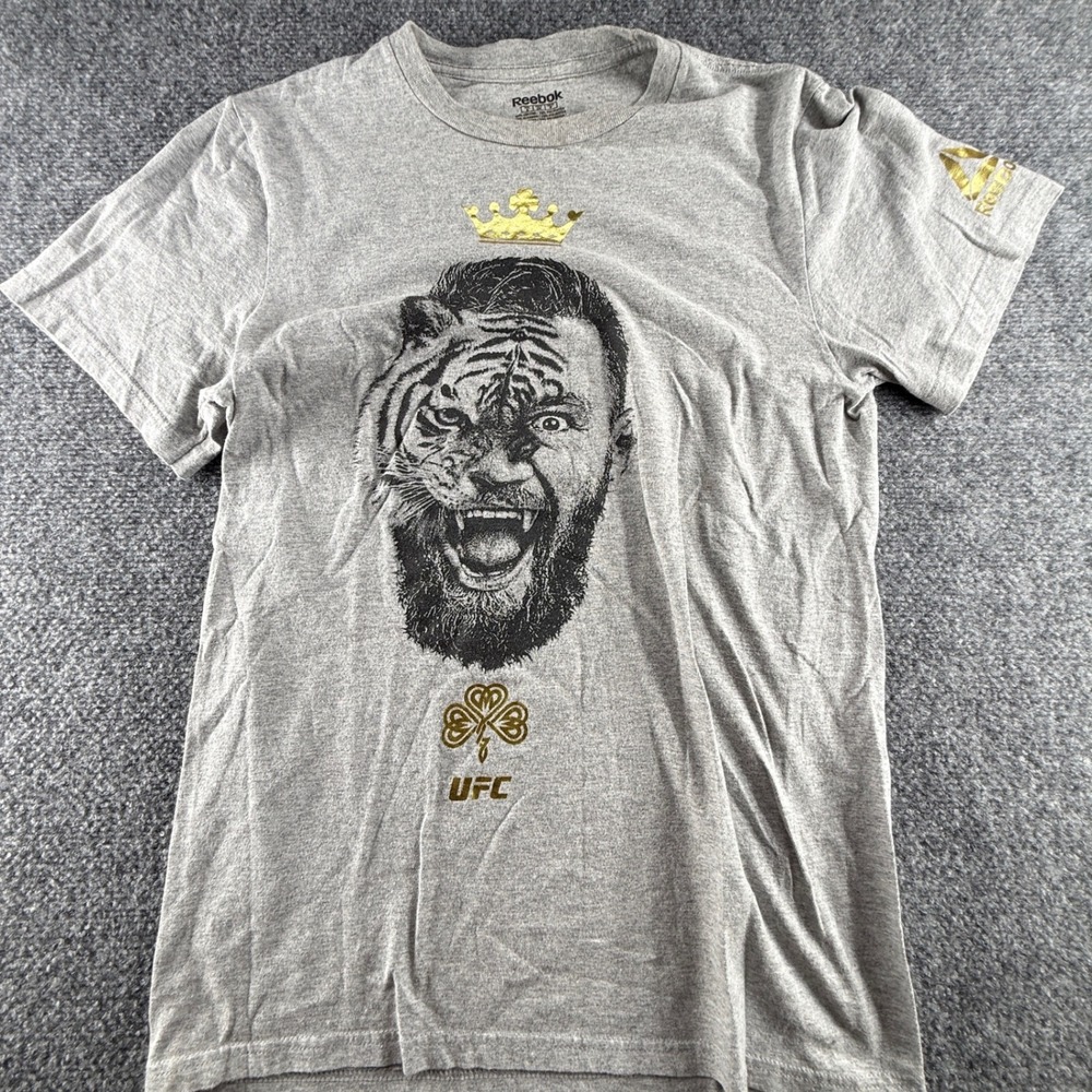 Reebok UFC Conor McGregor Tiger Face Gold Foil Graphic T-Shirt Gray Mens Small